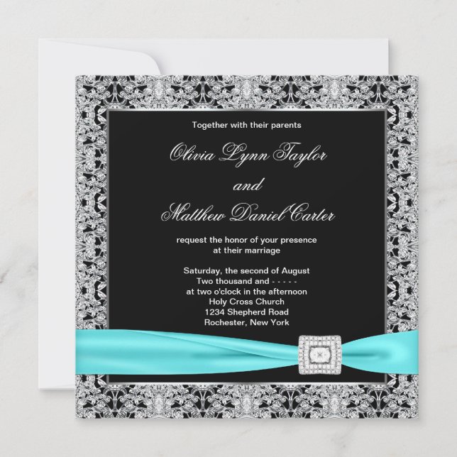 Invitación Boda elegante de color negro negro negro verde azu (Anverso)