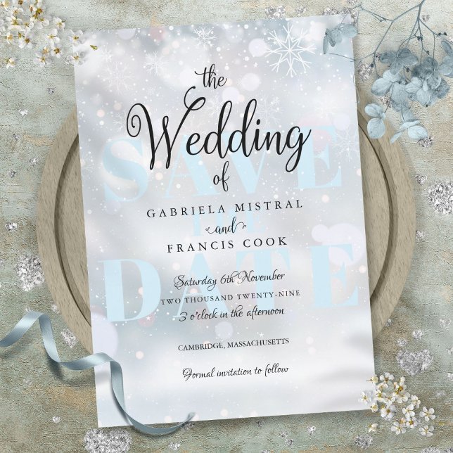 Invitación Boda elegante de copas de nieve en invierno salva  (Winter Snowflakes Elegant Wedding Save the Date Invitation)