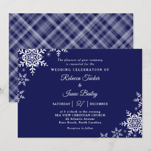 Invitación Boda elegante de copos de nieve a cuadros azul mar