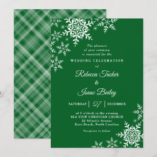 Invitación Boda elegante de copos de nieve a cuadros en verde