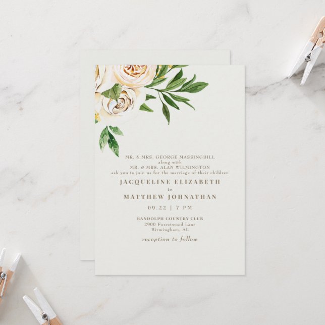 Invitación Boda elegante de crema floral peonies (Anverso/Reverso In Situ)