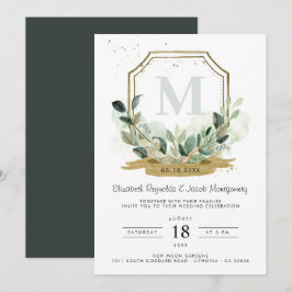 Invitación Boda elegante de crest de oro con vegetación de eu