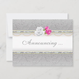 Invitación Boda elegante de damasco de plata y rosa rosa