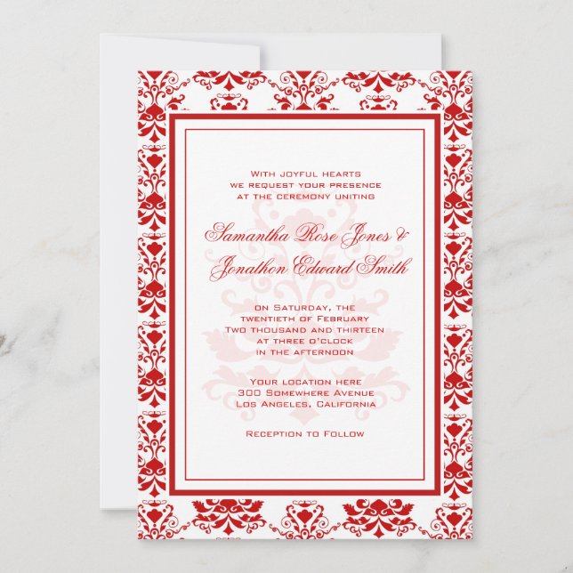 Invitación Boda elegante de Damasco rojo y blanco (Anverso)