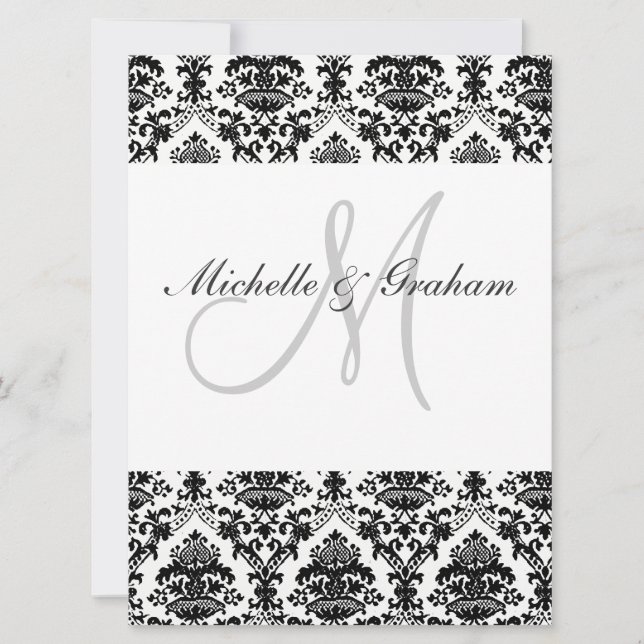 Invitación Boda elegante de Damask en blanco y negro (Anverso)