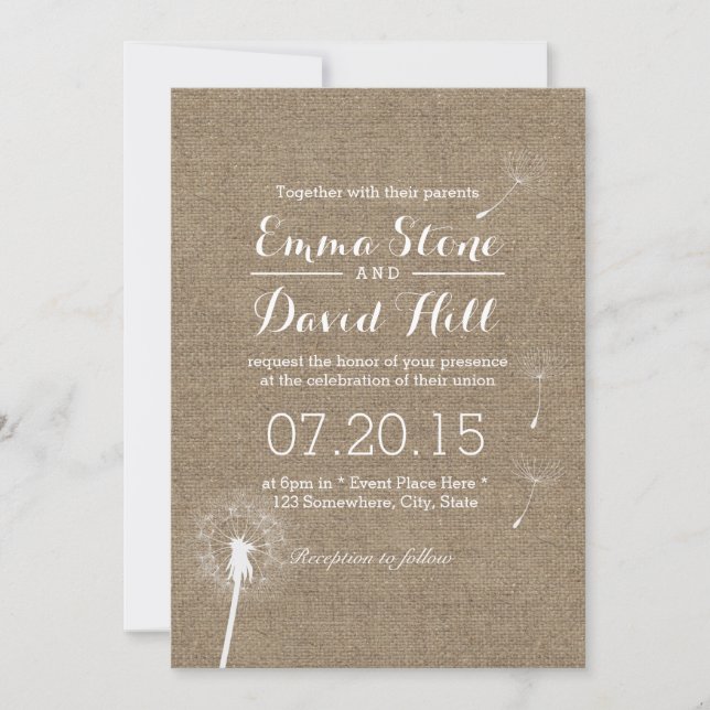 Invitación Boda elegante de Dandelion Blowing Burlap (Anverso)
