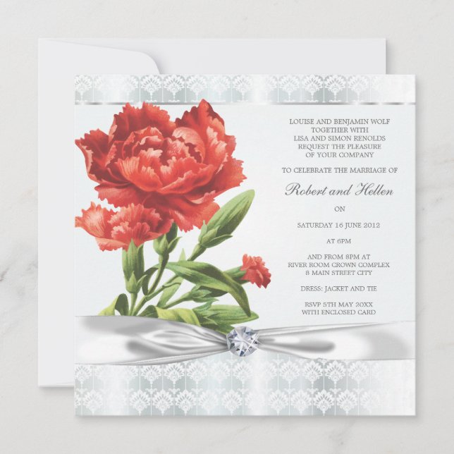 Invitación Boda elegante de diamantes plateados y flores roja (Anverso)