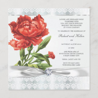 Invitación Boda elegante de diamantes plateados y flores roja