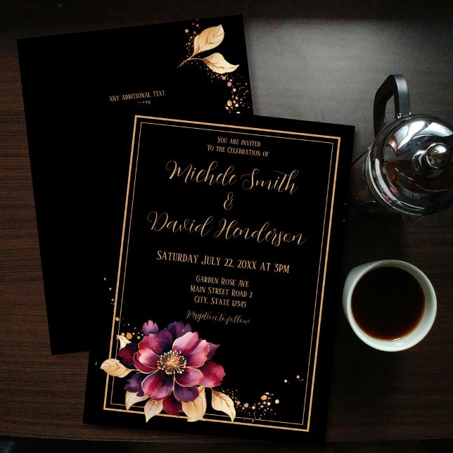 Invitación Boda elegante de doble cara de oro negro burdeos (Subido por el creador)