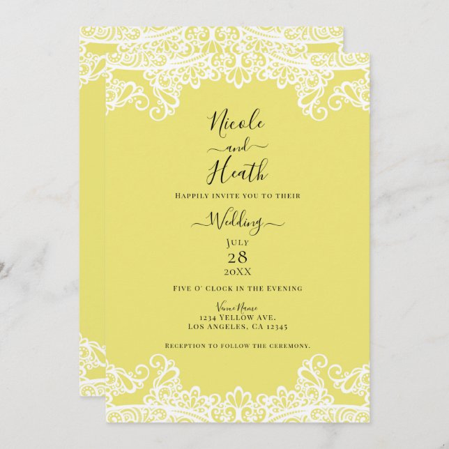 Invitación Boda elegante de encaje amarillo y blanco (Anverso / Reverso)