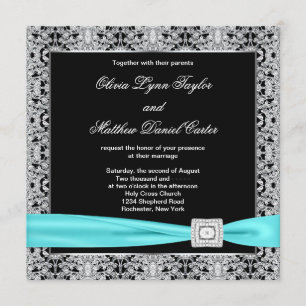 Invitación Boda elegante de encaje azul teal negro y plata