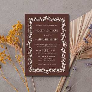 Invitación Boda elegante de encaje blanco de chocolate y dine