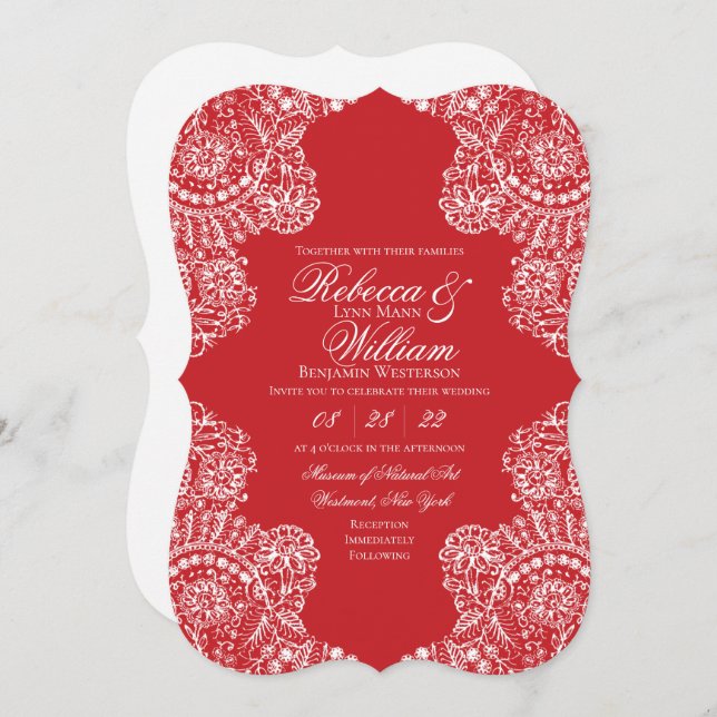 Invitación Boda elegante de encaje blanco rojo (Anverso / Reverso)