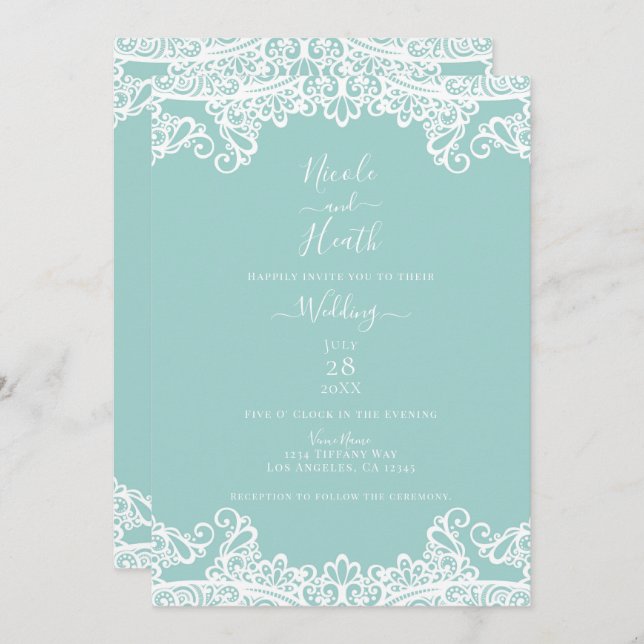 Invitación Boda elegante de encaje blanco Verde azulado turqu (Anverso / Reverso)