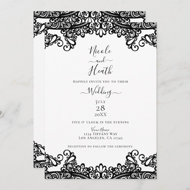 Invitación Boda elegante de encaje blanco y negro (Anverso / Reverso)