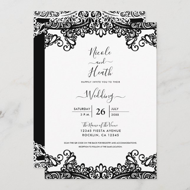 Invitación Boda elegante de encaje blanco y negro (Anverso / Reverso)