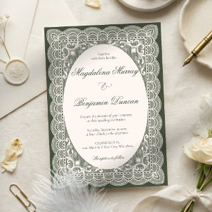 Invitación Boda elegante de encaje de marfil vintage oliva ve