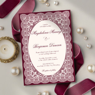 Invitación Boda elegante de encaje marfil vintage burgundy ch