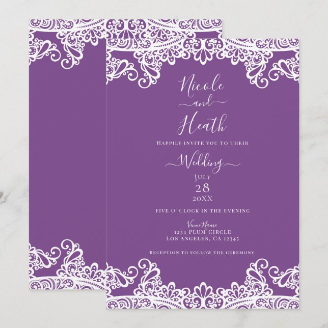 Invitación Boda elegante de encaje morado y blanco (Anverso / Reverso)