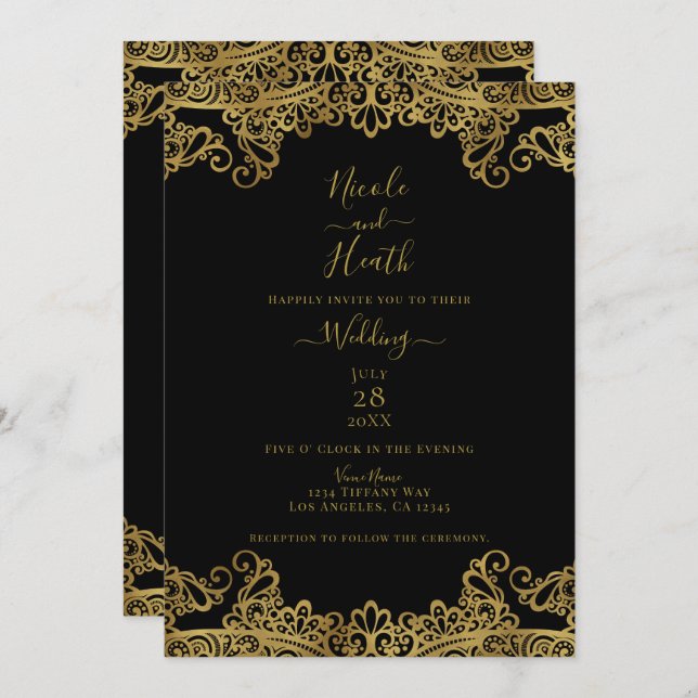 Invitación Boda elegante de encaje negro y dorado (Anverso / Reverso)