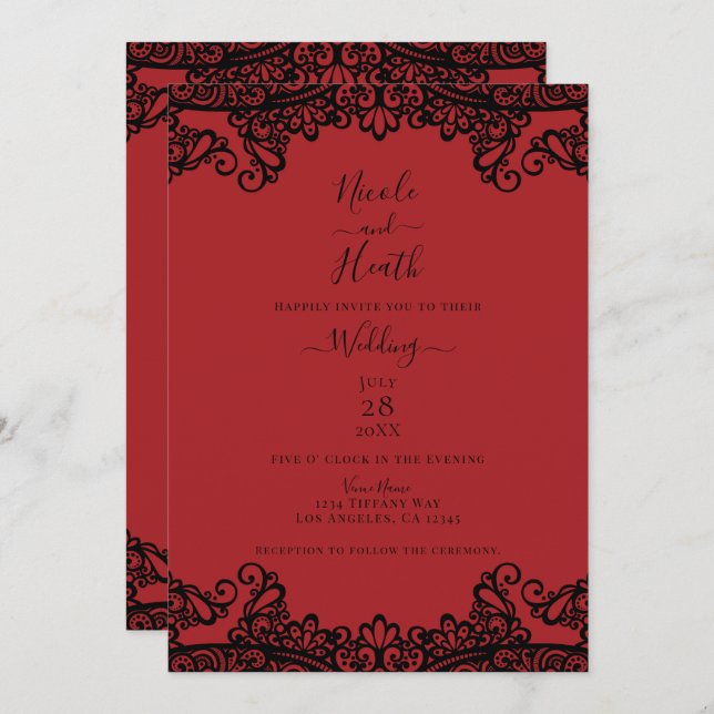 Invitación Boda elegante de encaje negro y rojo oscuro (Anverso / Reverso)