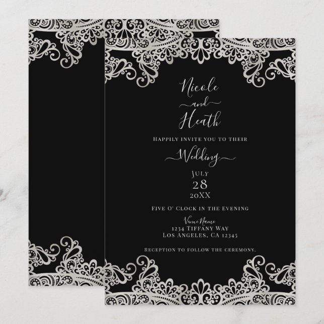 Invitación Boda elegante de encaje plateado y dorado (Anverso / Reverso)
