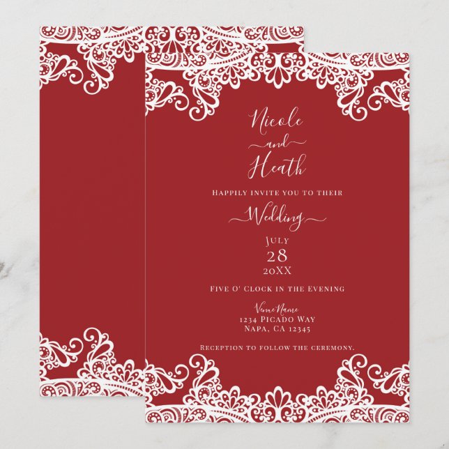 Invitación Boda elegante de encaje rojo y blanco con máscara (Anverso / Reverso)