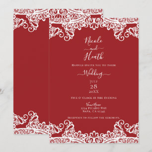 Invitación Boda elegante de encaje rojo y blanco con máscara