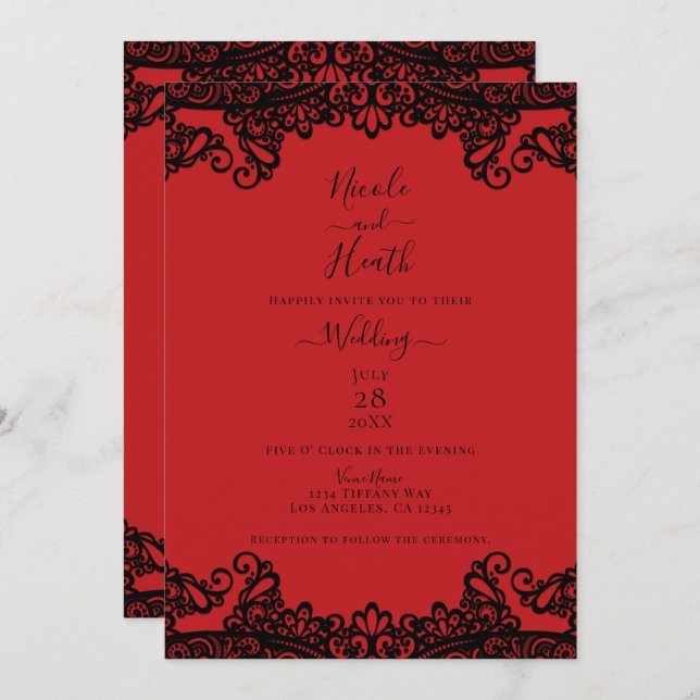 Invitación Boda elegante de encaje rojo y negro (Anverso / Reverso)