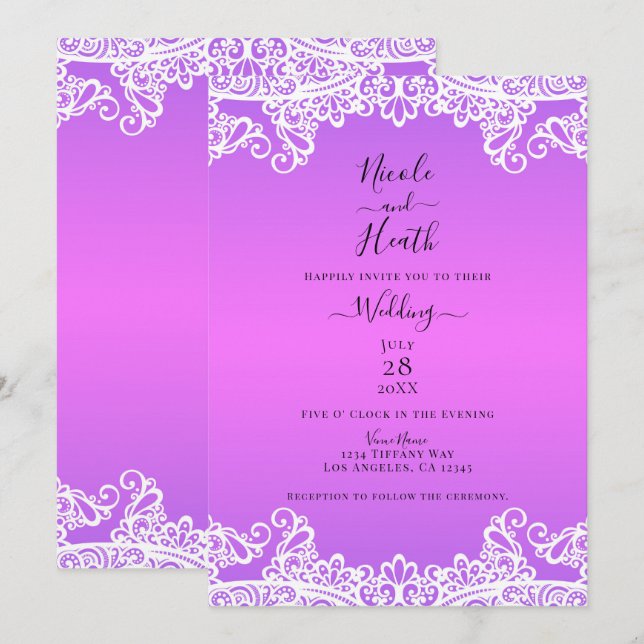 Invitación Boda elegante de encaje rosa morado y blanco (Anverso / Reverso)