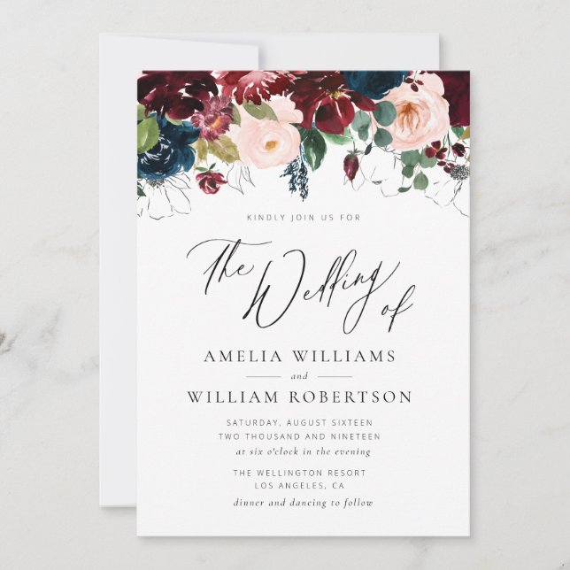 Invitación boda elegante de escritura de la marina burgundy (Anverso)
