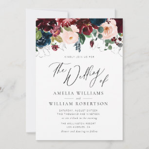 Invitación boda elegante de escritura de la marina burgundy