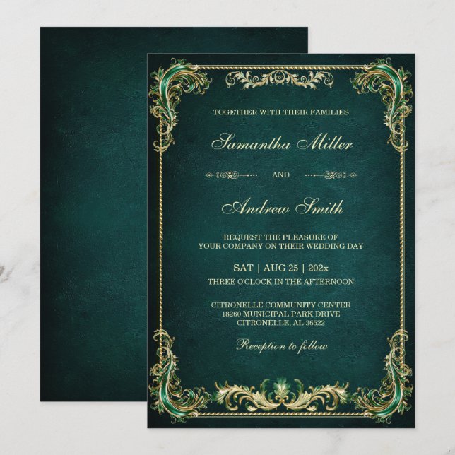 Invitación Boda elegante de esmeralda y oro (Anverso / Reverso)
