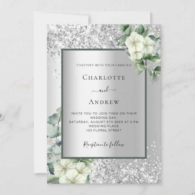 Invitación Boda elegante de eucalipto blanco plateado (Anverso)