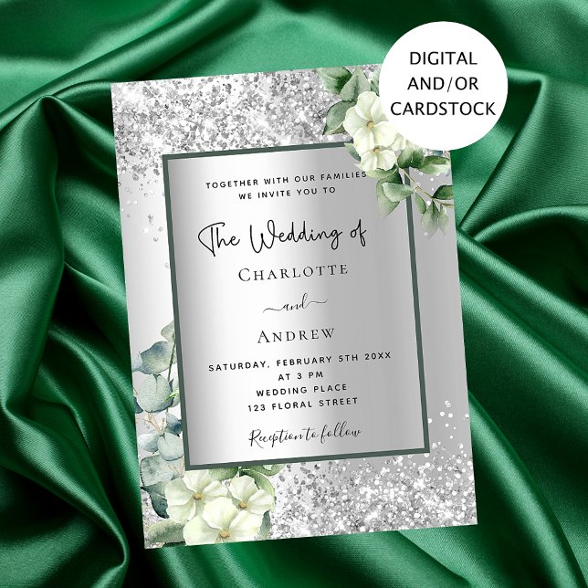 Invitación Boda elegante de eucalipto blanco plateado (Subido por el creador)