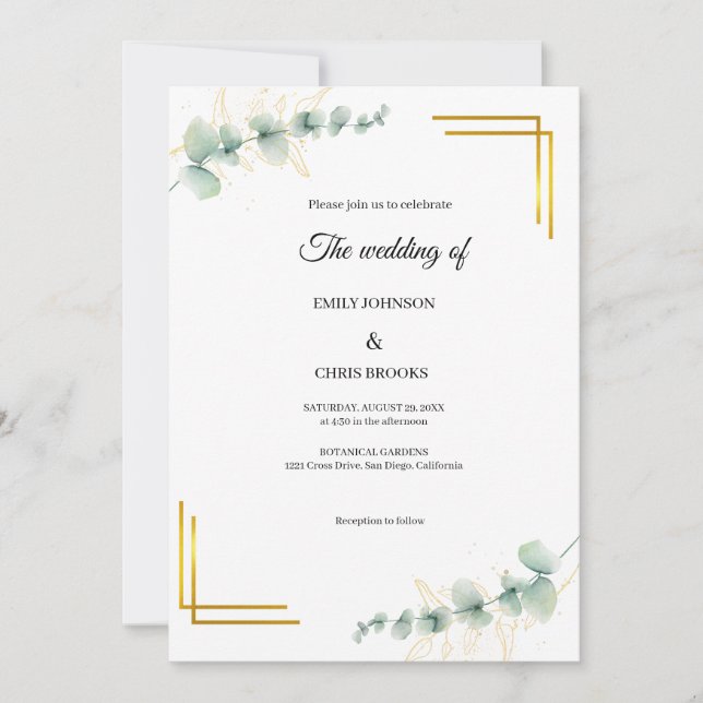 Invitación Boda elegante de eucalipto dorado (Anverso)