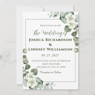 Invitación Boda elegante de eucalipto y flor blanca