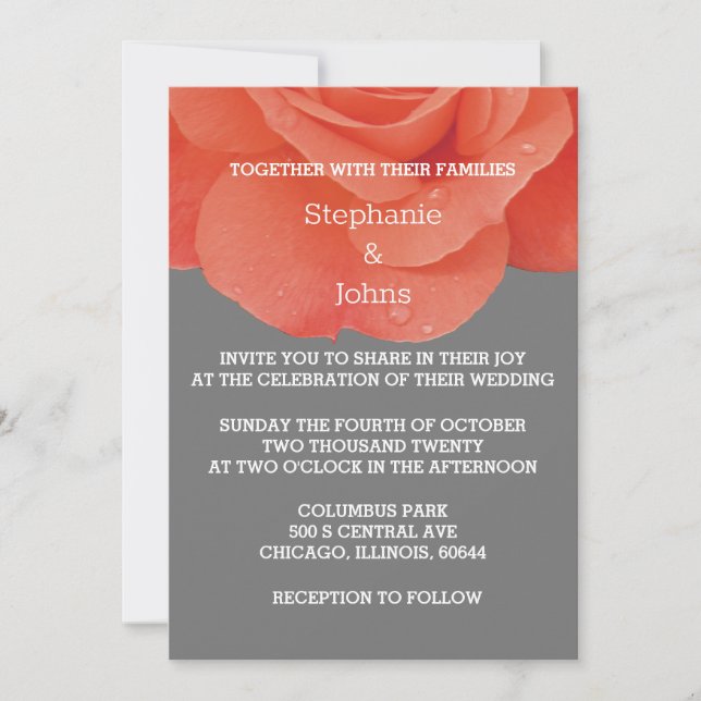 Invitación Boda elegante de flor gris Naranja quemada (Anverso)