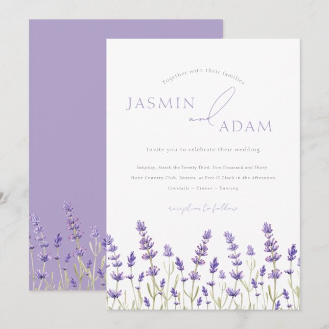 Invitación Boda elegante de flor silvestre de lavanda minimal (Anverso / Reverso)