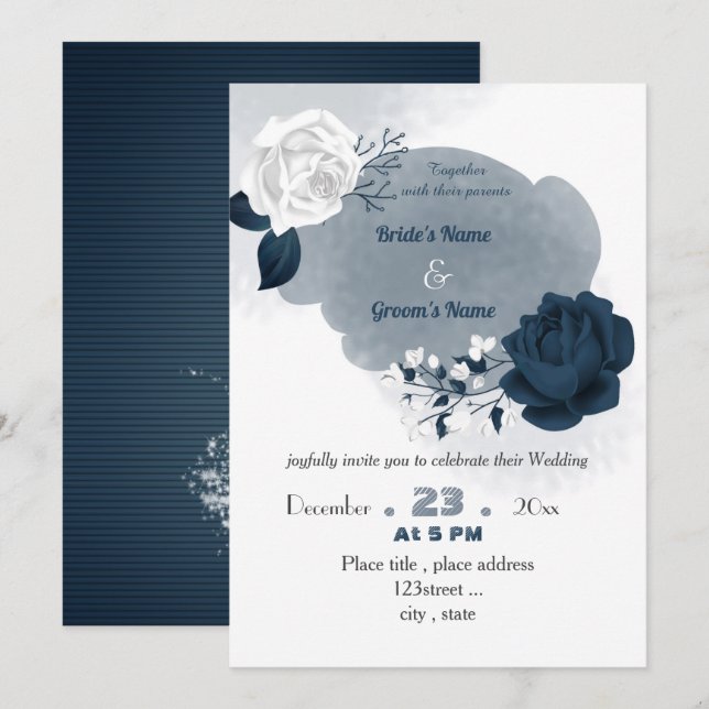 Invitación boda elegante de flores azul marino y blanco (Anverso / Reverso)