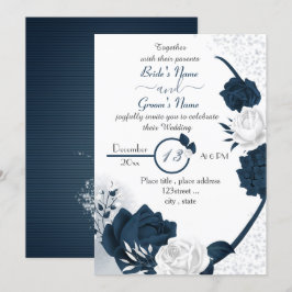 Invitación boda elegante de flores azul marino y blanco