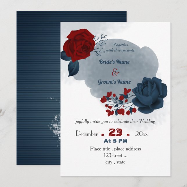 Invitación boda elegante de flores azul marino y rojo (Anverso / Reverso)