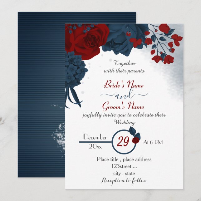 Invitación boda elegante de flores azul marino y rojo (Anverso / Reverso)