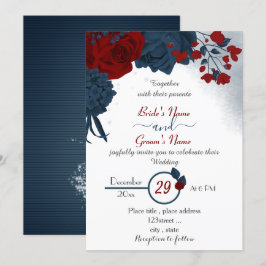 Invitación boda elegante de flores azul marino y rojo