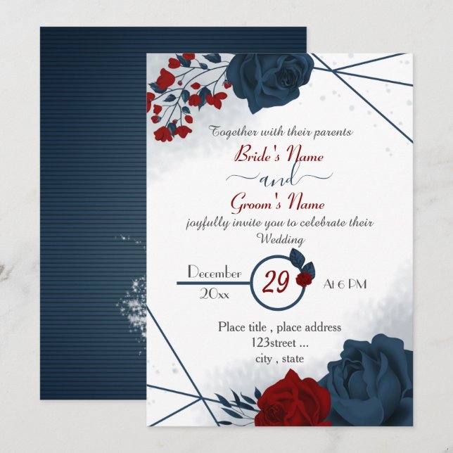 Invitación boda elegante de flores azul marino y rojo burdeos (Anverso / Reverso)