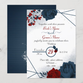 Invitación boda elegante de flores azul marino y rojo burdeos