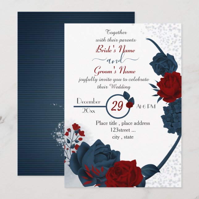 Invitación boda elegante de flores azul marino y rojo burdeos (Anverso / Reverso)