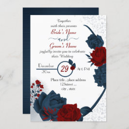 Invitación boda elegante de flores azul marino y rojo burdeos