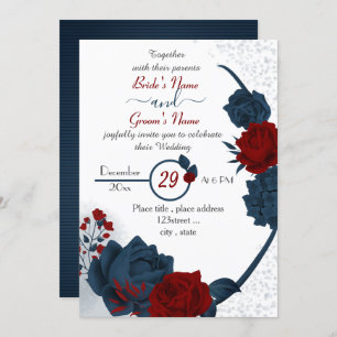 Invitación boda elegante de flores azul marino y rojo burdeos