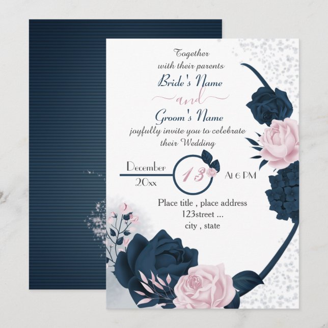 Invitación boda elegante de flores azul marino y rosa (Anverso / Reverso)